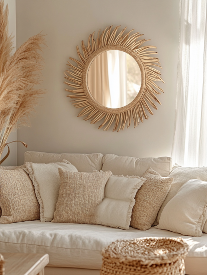 Wabi-sabi style wicker dressing and makeup mirror, ins style homestay living room wall decoration, Nordic hanging mirror decoration - Image 3