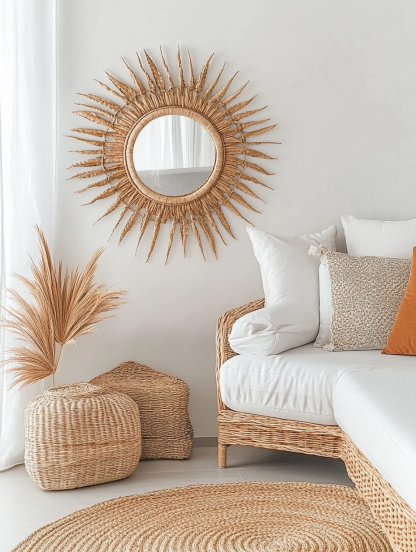 Wabi-sabi style wicker mirror, living room and bedroom wall-mounted dressing mirror, creative teardrop-shaped decorative mirror, photo prop - Image 7