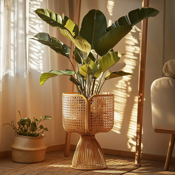 Bamboo woven floor-standing flower POTS, balcony garden woven decorative items, flower baskets, wicker woven green decorations, handcrafted new flower stands - 图片 10