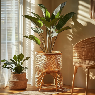 Bamboo woven floor-standing flower POTS, balcony garden woven decorative items, flower baskets, wicker woven green decorations, handcrafted new flower stands