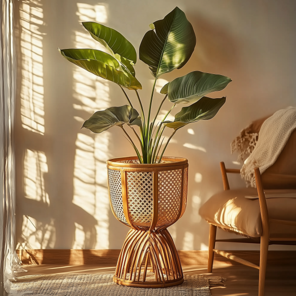 Bamboo woven floor-standing flower POTS, balcony garden woven decorative items, flower baskets, wicker woven green decorations, handcrafted new flower stands - 图片 6