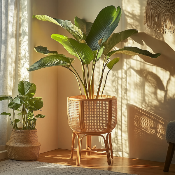 Bamboo woven floor-standing flower POTS, balcony garden woven decorative items, flower baskets, wicker woven green decorations, handcrafted new flower stands - 图片 4