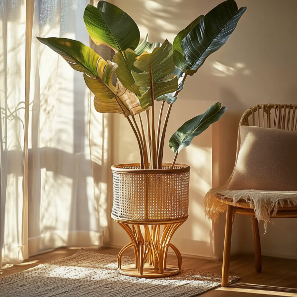 Bamboo woven floor-standing flower POTS, balcony garden woven decorative items, flower baskets, wicker woven green decorations, handcrafted new flower stands - 图片 3