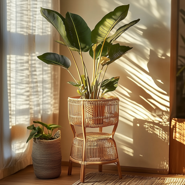 Bamboo woven floor-standing flower POTS, balcony garden woven decorative items, flower baskets, wicker woven green decorations, handcrafted new flower stands - 图片 2