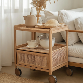 Movable sofa side table, living room household coffee table, ancient-style small cart, non-solid wood bedroom storage shelf