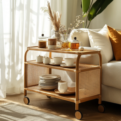 Wabi-sabi style solid wood wicker trolley, living room household mobile side table, sofa side cabinet, shelf - Image 5