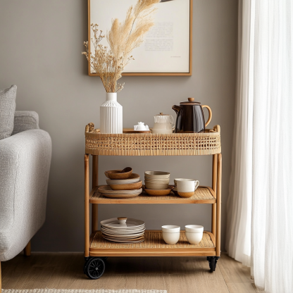 Wabi-sabi style solid wood wicker trolley, living room household mobile side table, sofa side cabinet, shelf - Image 4