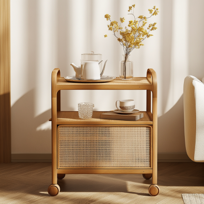 Wabi-sabi style solid wood wicker trolley, living room household mobile side table, sofa side cabinet, shelf - Image 3