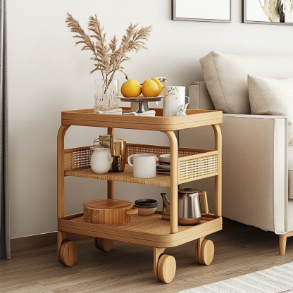 Wabi-sabi style solid wood wicker trolley, living room household mobile side table, sofa side cabinet, shelf - Image 2