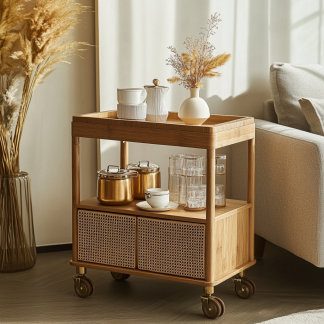 Movable sofa side table, living room household coffee table, ancient-style small cart, non-solid wood bedroom storage shelf