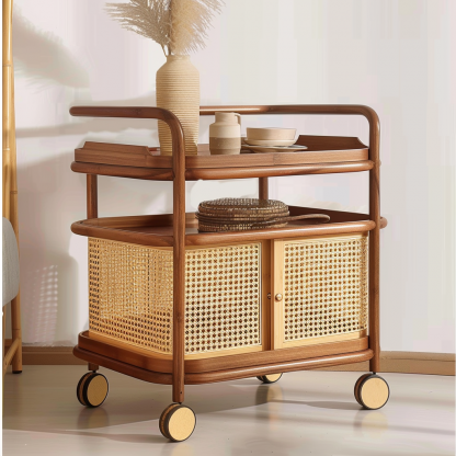 Wabi-sabi style solid wood rattan woven storage trolley, movable side table, living room and bedroom storage rack - Image 5