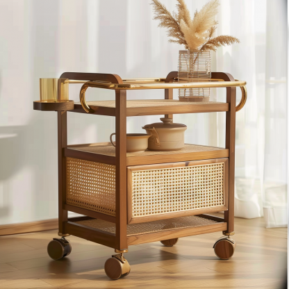 Wabi-sabi style solid wood rattan woven storage trolley, movable side table, living room and bedroom storage rack - Image 4