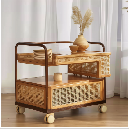 Solid wood mobile wheeled side table, stainless steel storage, vintage trolley, living room storage, rattan woven storage, simple coffee table - Image 5