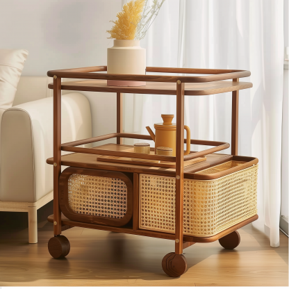 Solid wood mobile wheeled side table, stainless steel storage, vintage trolley, living room storage, rattan woven storage, simple coffee table - Image 8