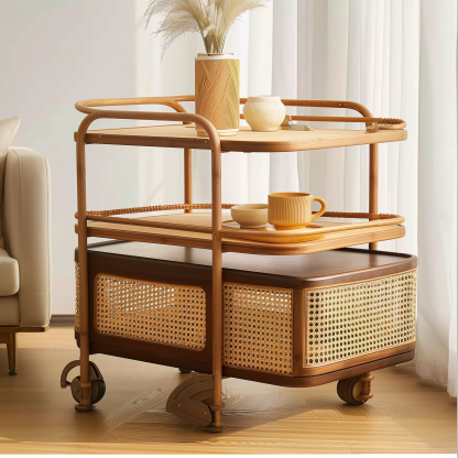Solid wood mobile wheeled side table, stainless steel storage, vintage trolley, living room storage, rattan woven storage, simple coffee table - Image 3