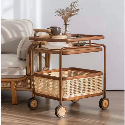 Wabi-sabi style solid wood rattan woven storage trolley, movable side table, living room and bedroom storage rack - Image 5