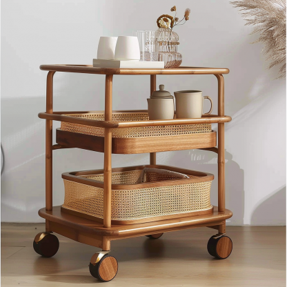 Wabi-sabi style solid wood rattan woven storage trolley, movable side table, living room and bedroom storage rack - Image 9