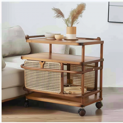 Wabi-sabi style solid wood rattan woven storage trolley, movable side table, living room and bedroom storage rack - Image 6