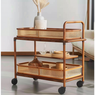 Wabi-sabi style solid wood wicker trolley, living room sofa side table, mobile coffee table, household storage rack side cabinet