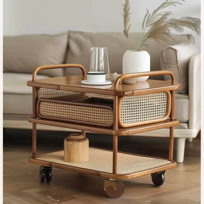 Wabi-sabi style solid wood wicker trolley, living room sofa side table, mobile coffee table, household storage rack side cabinet - Image 8