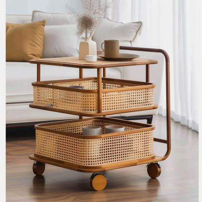 Wabi-sabi style solid wood wicker trolley, living room sofa side table, mobile coffee table, household storage rack side cabinet - Image 7