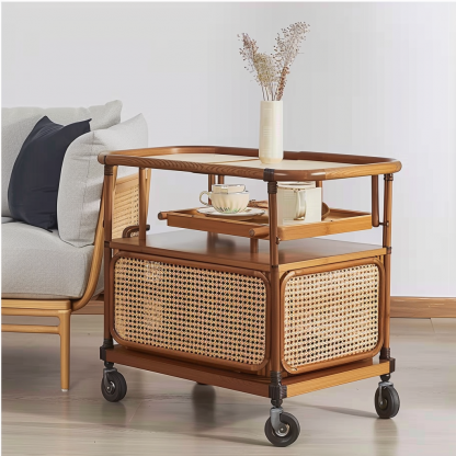 Wabi-sabi style solid wood rattan woven storage trolley, movable side table, living room and bedroom storage rack - Image 8
