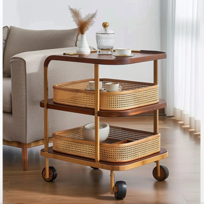 Wabi-sabi style solid wood rattan woven storage trolley, movable side table, living room and bedroom storage rack - Image 7