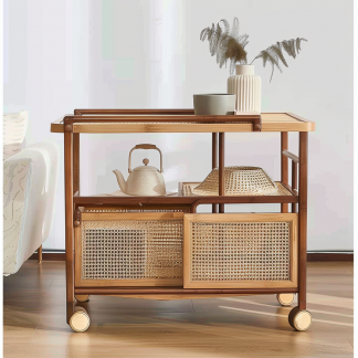 Wabi-sabi style solid wood rattan woven storage trolley, movable side table, living room and bedroom storage rack