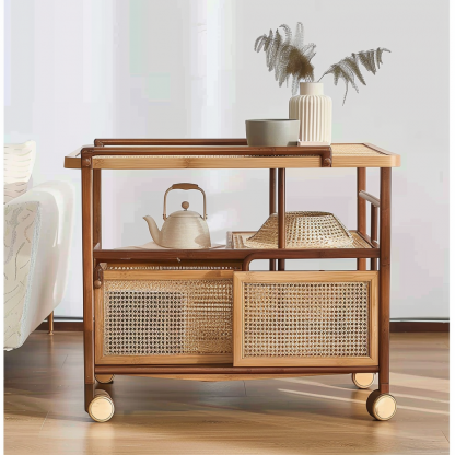 Wabi-sabi style solid wood rattan woven storage trolley, movable side table, living room and bedroom storage rack