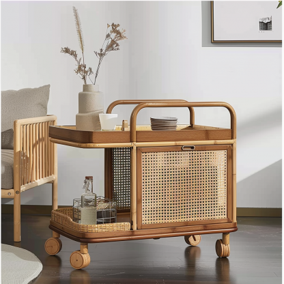 Wabi-sabi style solid wood rattan woven storage trolley, movable side table, living room and bedroom storage rack - Image 5