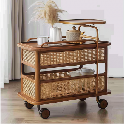A wabi-sabi style wicker side table in the living room, a cabinet beside the sofa, and a small ancient-style trolley shelf - Image 9