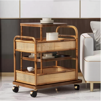 A wabi-sabi style wicker side table in the living room, a cabinet beside the sofa, and a small ancient-style trolley shelf - Image 8