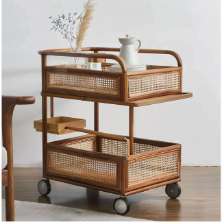 A wabi-sabi style wicker side table in the living room, a cabinet beside the sofa, and a small ancient-style trolley shelf