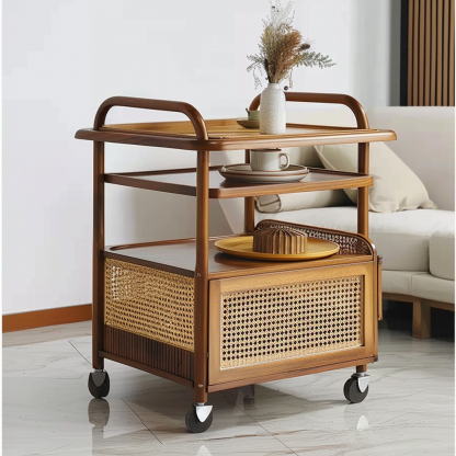 A wabi-sabi style wicker side table in the living room, a cabinet beside the sofa, and a small ancient-style trolley shelf - Image 6