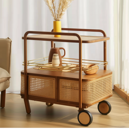 Solid wood mobile wheeled side table, stainless steel storage, vintage trolley, living room storage, rattan woven storage, simple coffee table - Image 7