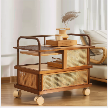 Solid wood mobile wheeled side table, stainless steel storage, vintage trolley, living room storage, rattan woven storage, simple coffee table - Image 4