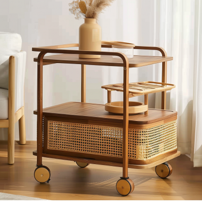Wabi-sabi style solid wood wicker trolley, living room sofa side table, mobile coffee table, household storage rack side cabinet - Image 2