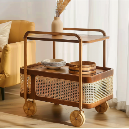 Wabi-sabi style solid wood wicker trolley, living room sofa side table, mobile coffee table, household storage rack side cabinet - Image 3