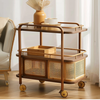 Wabi-sabi style solid wood wicker trolley, living room sofa side table, mobile coffee table, household storage rack side cabinet