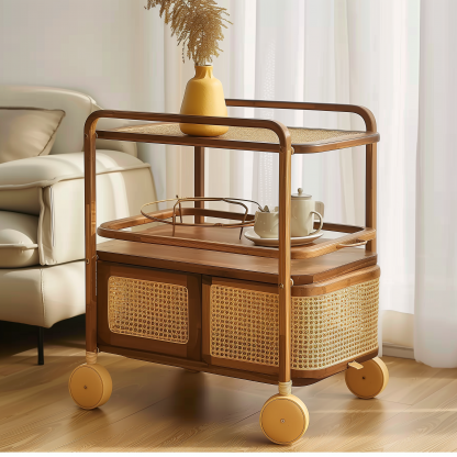Solid wood mobile wheeled side table, stainless steel storage, vintage trolley, living room storage, rattan woven storage, simple coffee table - Image 6