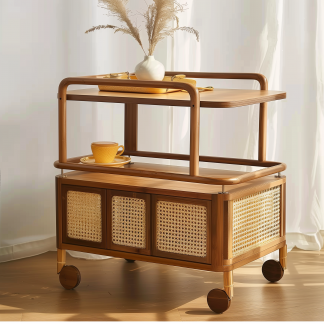 Solid wood mobile wheeled side table, stainless steel storage, vintage trolley, living room storage, rattan woven storage, simple coffee table