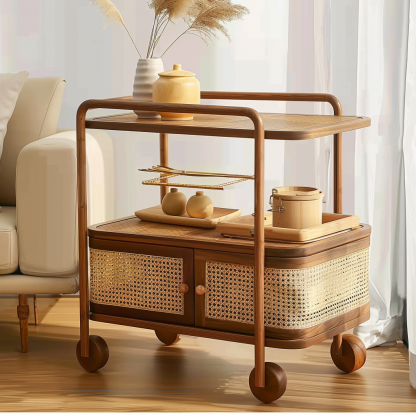 Wabi-sabi style solid wood wicker trolley, living room sofa side table, mobile coffee table, household storage rack side cabinet - Image 5