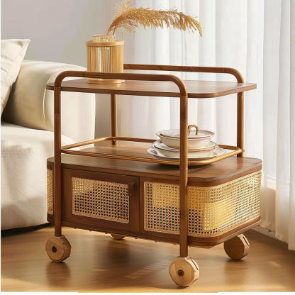Wabi-sabi style solid wood wicker trolley, living room sofa side table, mobile coffee table, household storage rack side cabinet - Image 6