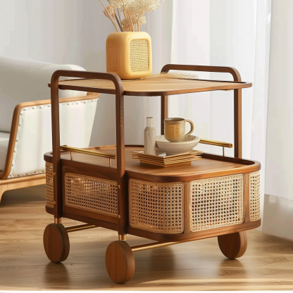 Wabi-sabi style solid wood wicker trolley, living room sofa side table, mobile coffee table, household storage rack side cabinet - Image 7