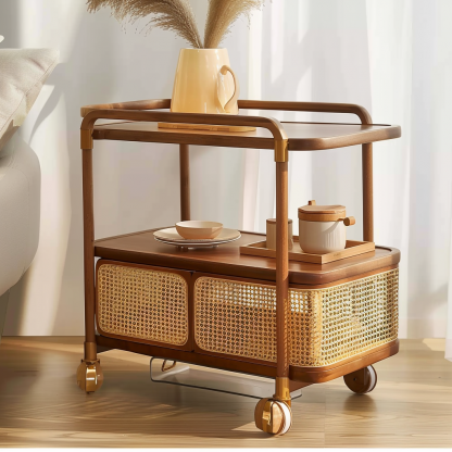 Wabi-sabi style solid wood wicker trolley, living room sofa side table, mobile coffee table, household storage rack side cabinet - Image 8