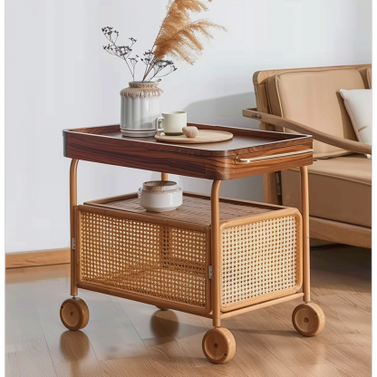 A wabi-sabi style wicker side table in the living room, a cabinet beside the sofa, and a small ancient-style trolley shelf - Image 5