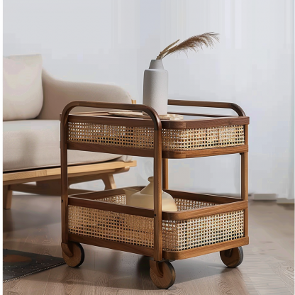 A wabi-sabi style wicker side table in the living room, a cabinet beside the sofa, and a small ancient-style trolley shelf - Image 4