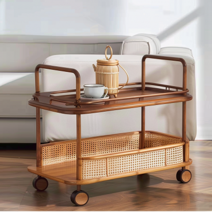 A wabi-sabi style wicker side table in the living room, a cabinet beside the sofa, and a small ancient-style trolley shelf - Image 3