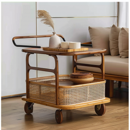 A wabi-sabi style wicker side table in the living room, a cabinet beside the sofa, and a small ancient-style trolley shelf - Image 2