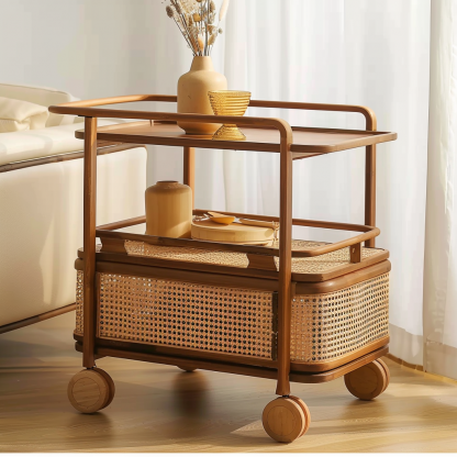 Wabi-sabi style solid wood rattan woven storage trolley, movable side table, living room and bedroom storage rack - Image 9